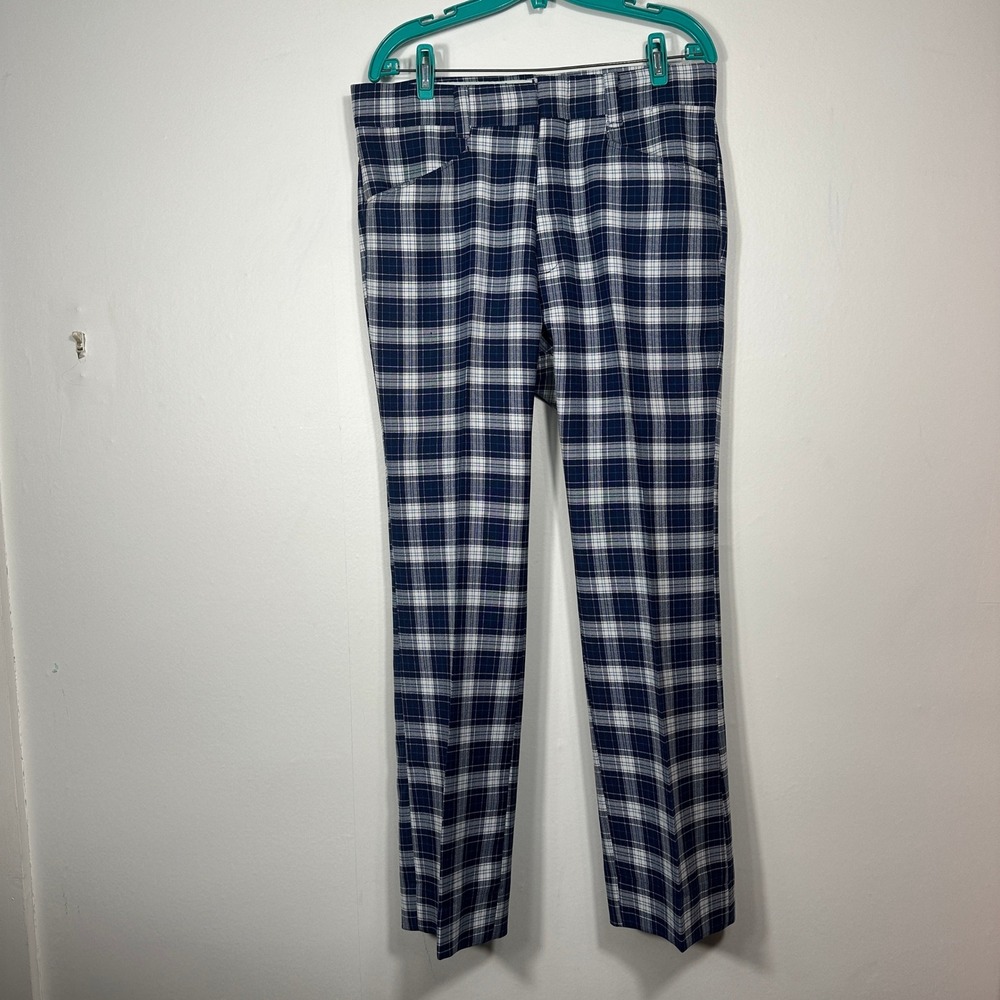 Vintage 70s Plaid Golf Pants‎ Blue White Mod Talon Zip Flat Front Straight Leg